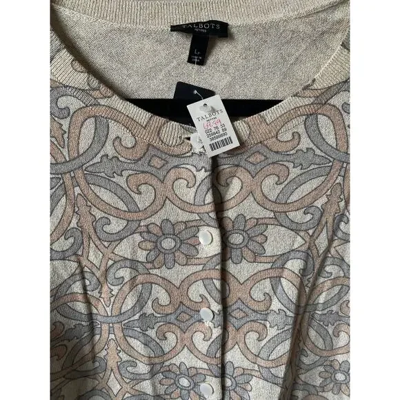 Talbots Black Label Gold Metallic Scroll and Floral Cardigan Sz L Petite NWT - Picture 4 of 11